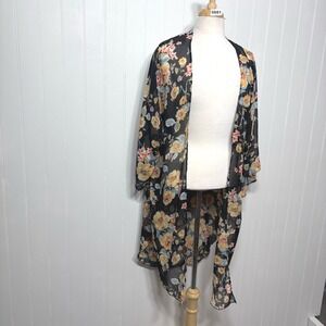 Adora Black Floral‎ Sheer Chiffon Longline Kimono Cardigan Layering Piece Boho